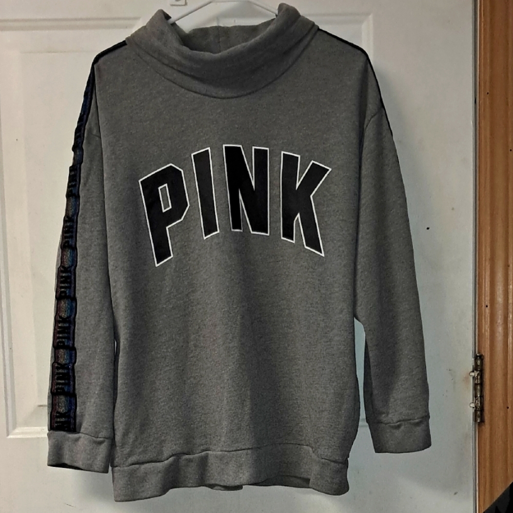 Pink VS Cowl Neck Womans Med Pullover Rainbow Logo SweatShirt. Gray & Black